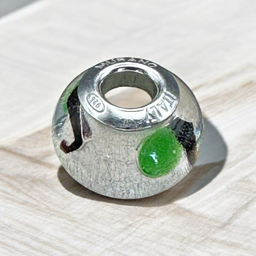 Genuine Murano Italy Hand Charm Bead Clear w/ Green Swirls Fits Pand 925